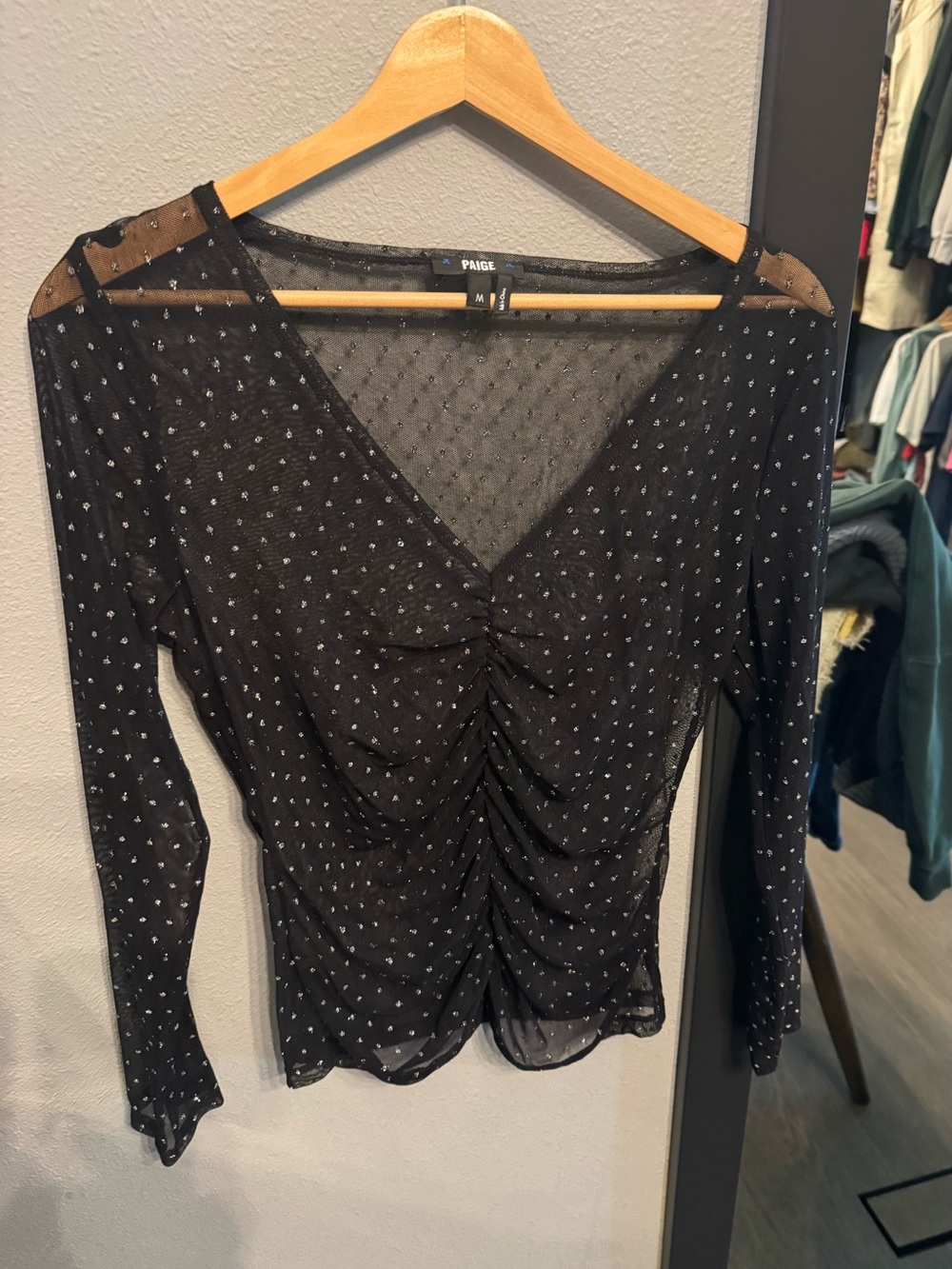 PAIGE Black Ruched Mesh Long-Sleeve Top